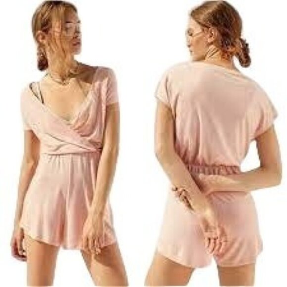 Urban Outfitters Ecote Pastel Pink Ribbed Knit Surplice Romper - Picture 1 of 7